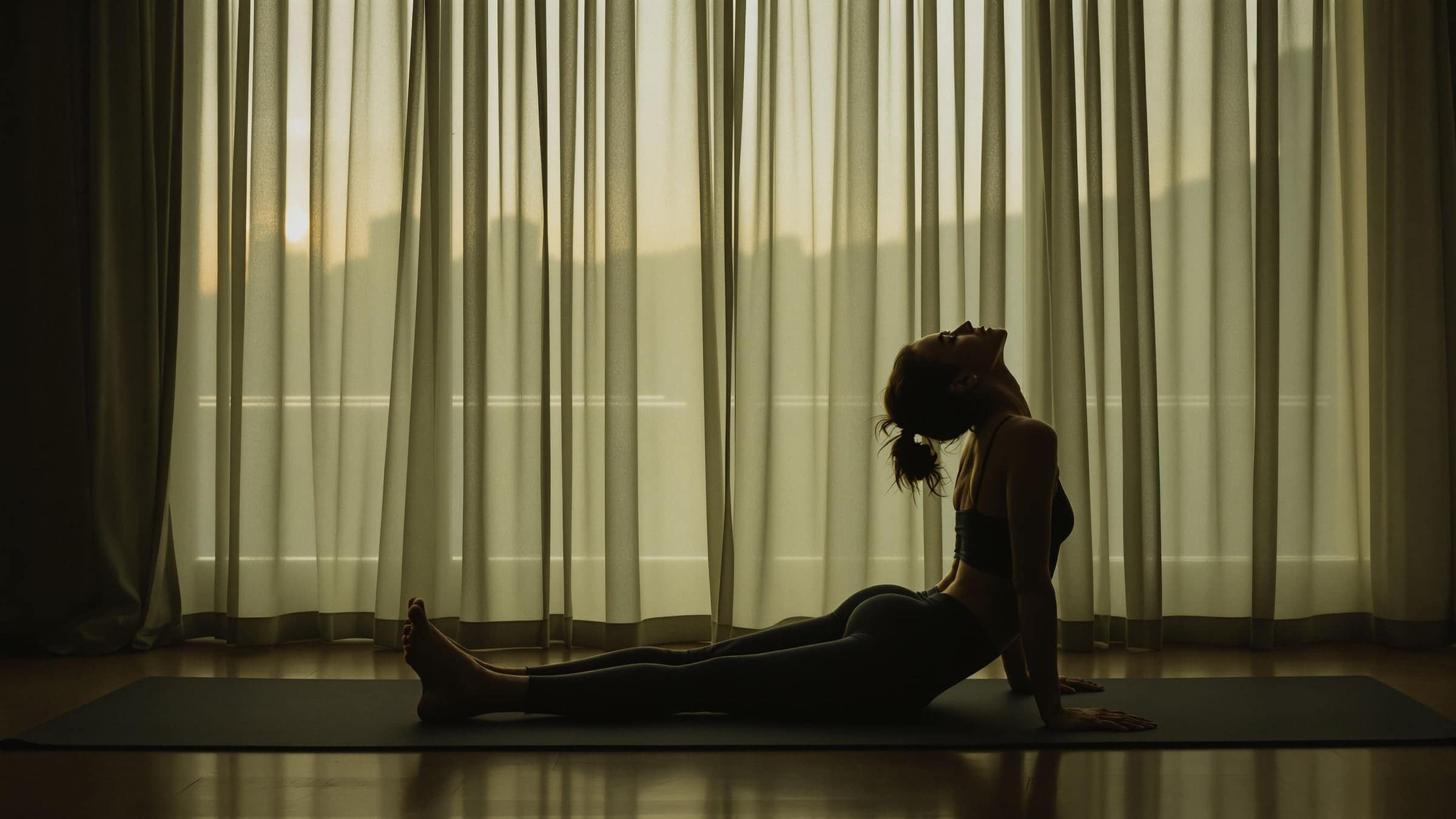 A person stretches on a yoga mat in a dim room at dawn.