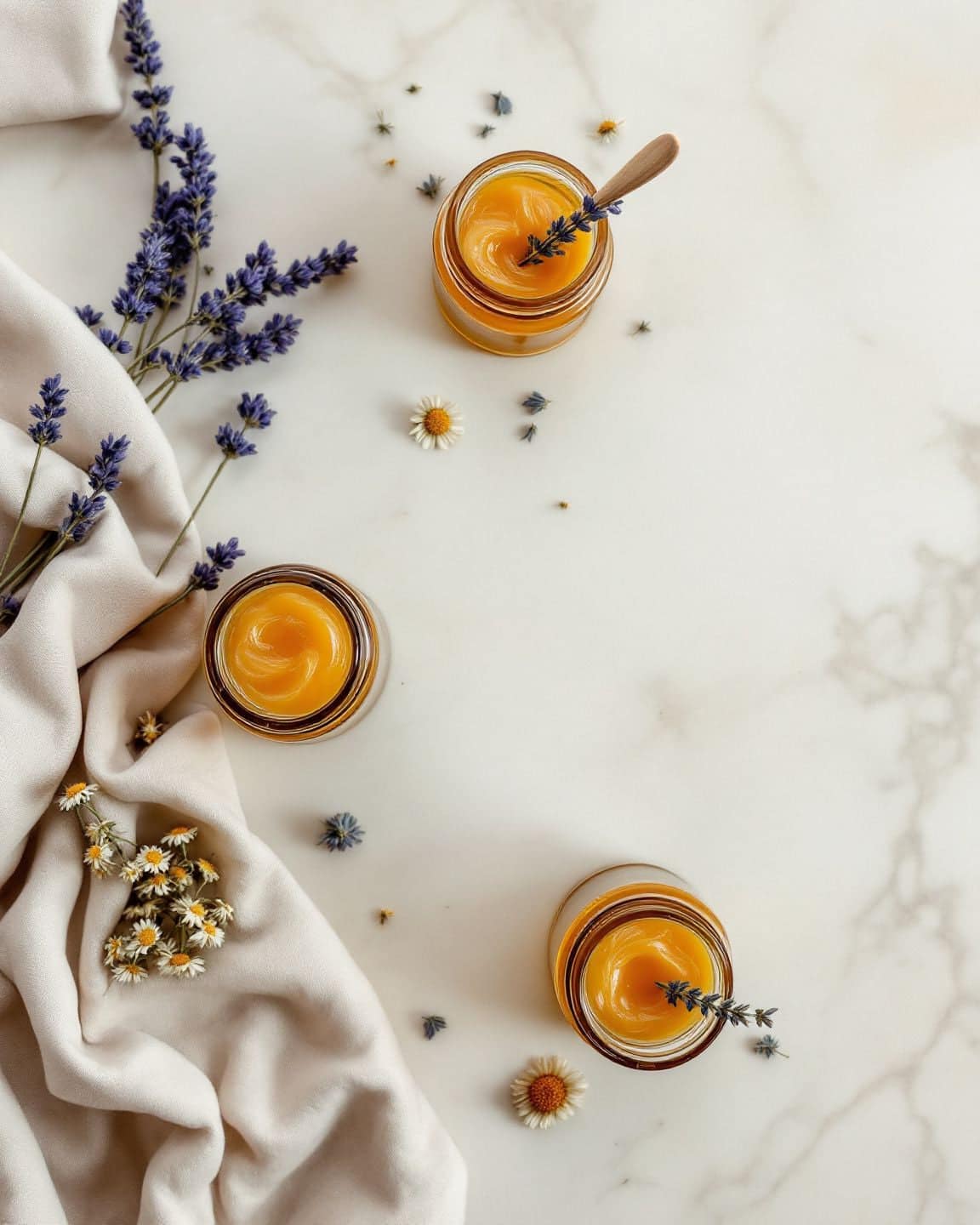 Small amber jars of balm with dried chamomile and lavender on stone.