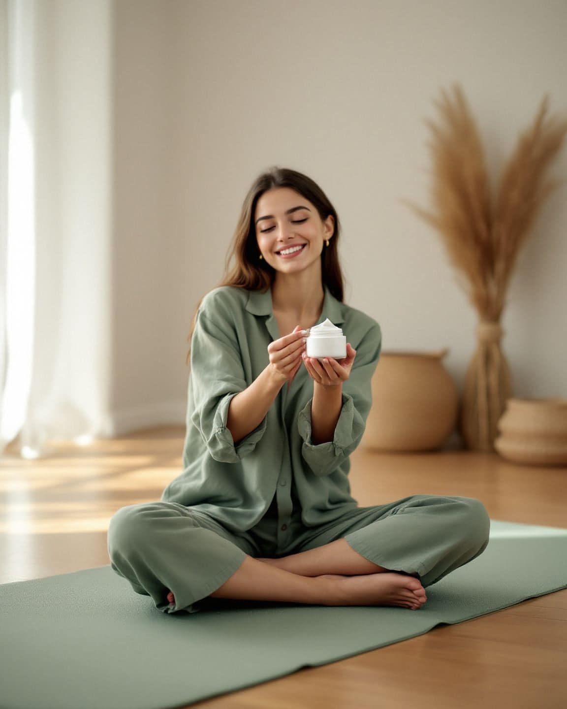 A woman sits cross-legged on a yoga mat holding a small jar of cream.
