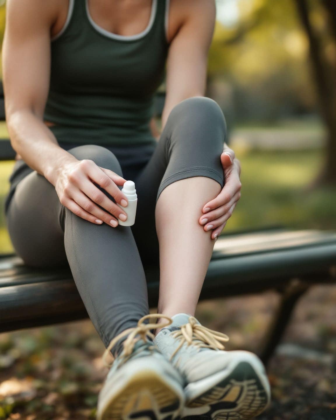 A runner sits on a park bench rubbing her calf with a roll-on.