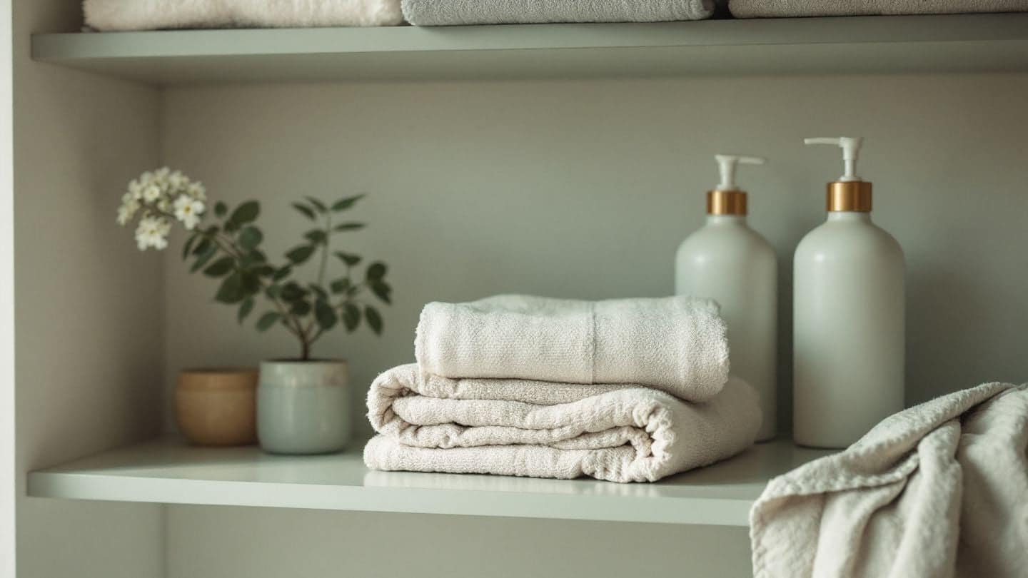 A bathroom shelf with folded towels and plain unlabeled bottles.