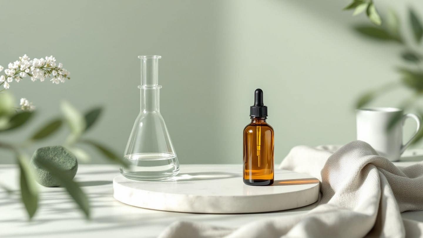Clear glass beakers and an amber dropper bottle on a pale counter.
